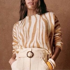 Sézane Indiana Jumper Sweater in Camel and Ecru Zebra Stripe Wool Mohair Size XS